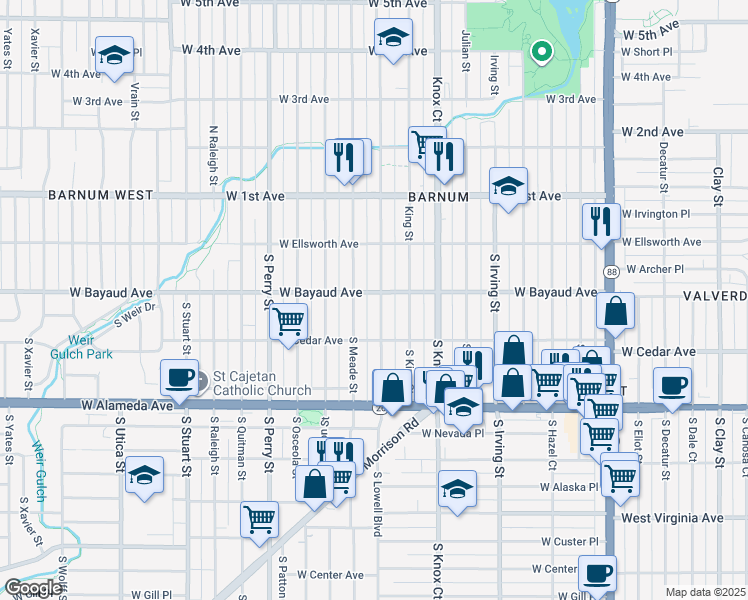 map of restaurants, bars, coffee shops, grocery stores, and more near 150 South Lowell Boulevard in Denver