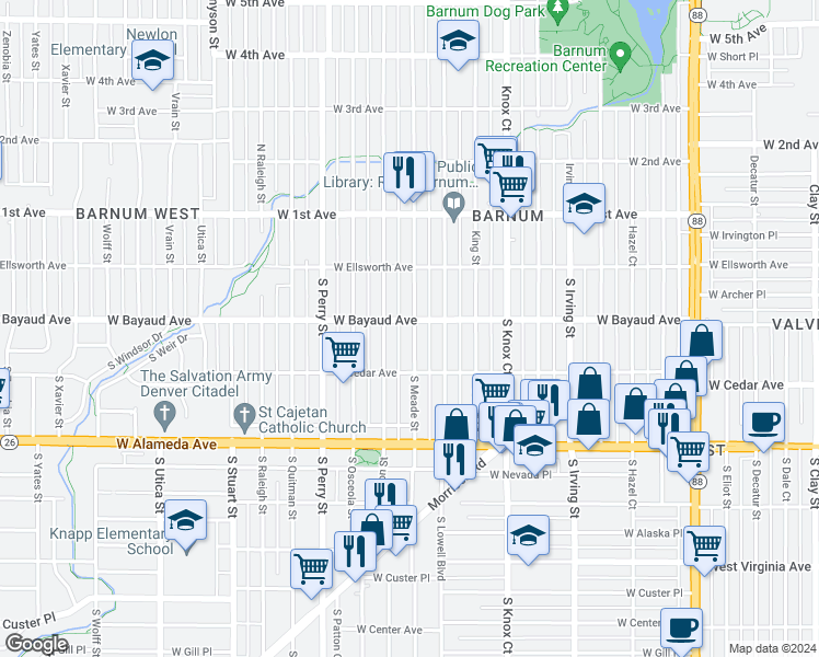 map of restaurants, bars, coffee shops, grocery stores, and more near 152 South Meade Street in Denver