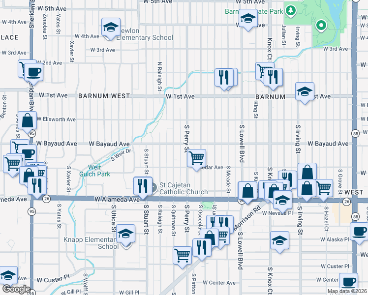 map of restaurants, bars, coffee shops, grocery stores, and more near 154 South Quitman Street in Denver