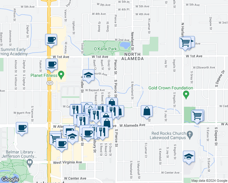 map of restaurants, bars, coffee shops, grocery stores, and more near 166 South Pierce Street in Denver