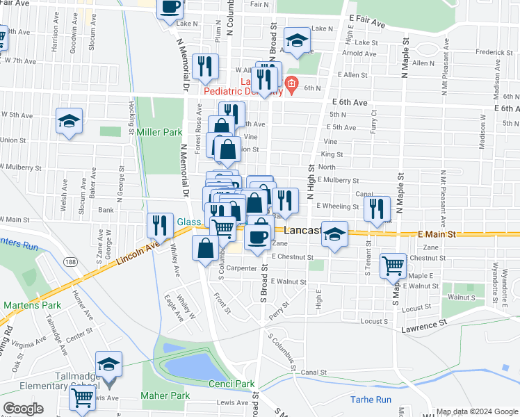 map of restaurants, bars, coffee shops, grocery stores, and more near in Lancaster