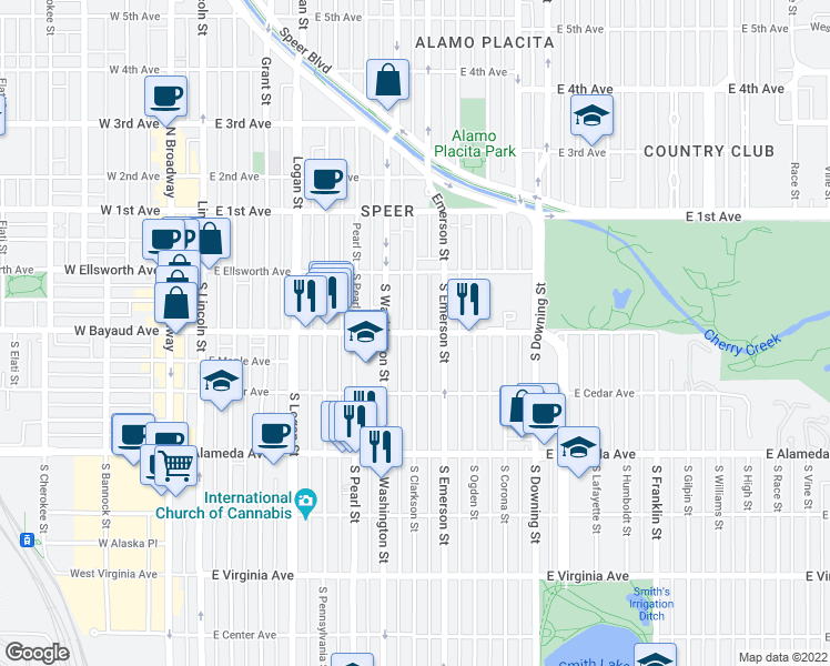 map of restaurants, bars, coffee shops, grocery stores, and more near S Clarkson St & E Bayaud Ave in Denver