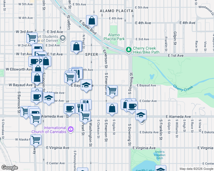 map of restaurants, bars, coffee shops, grocery stores, and more near 140 South Clarkson Street in Denver