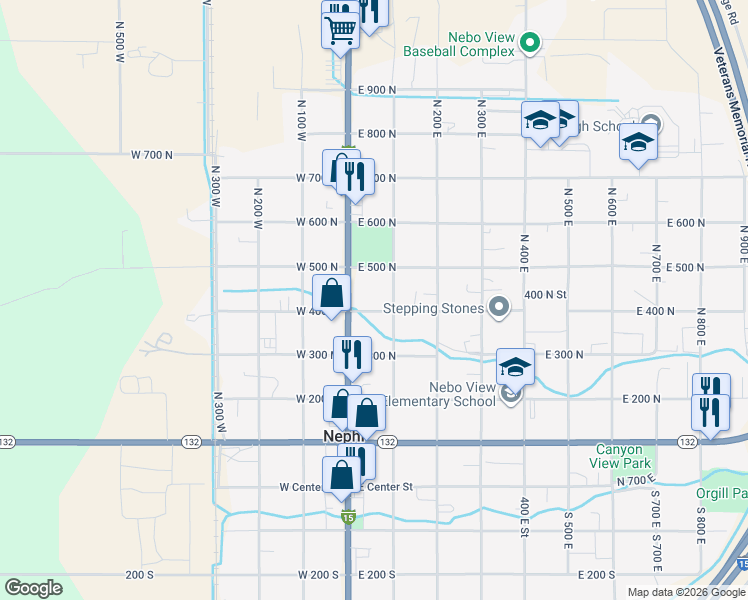 map of restaurants, bars, coffee shops, grocery stores, and more near 380 North Main Street in Nephi