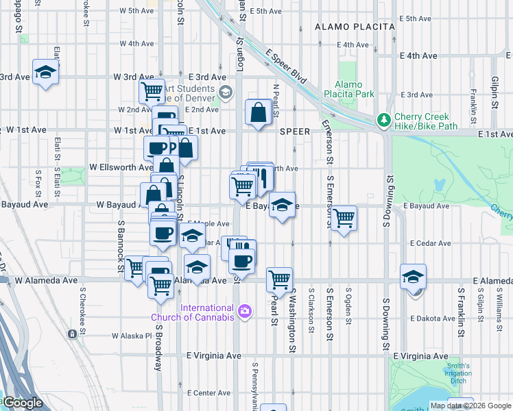 map of restaurants, bars, coffee shops, grocery stores, and more near S Pennsylvania St & E Bayaud Ave in Denver