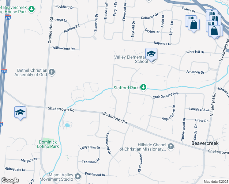 map of restaurants, bars, coffee shops, grocery stores, and more near 832 Autumn Leaf Drive in Beavercreek