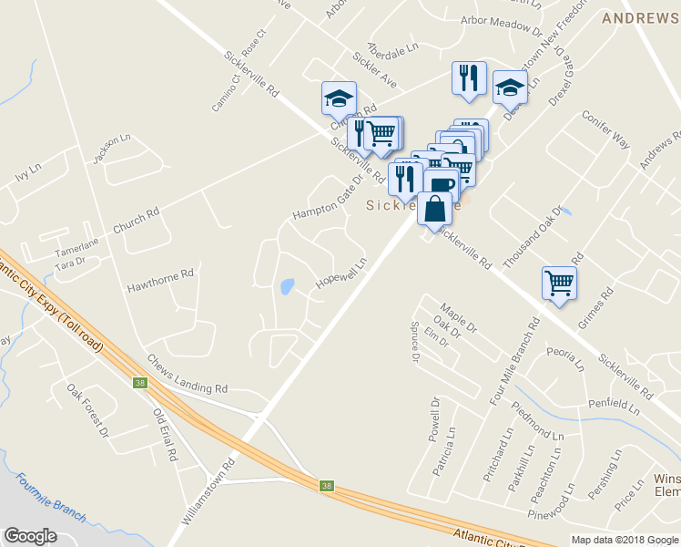 map of restaurants, bars, coffee shops, grocery stores, and more near 2 Hathaway Drive in Winslow Township