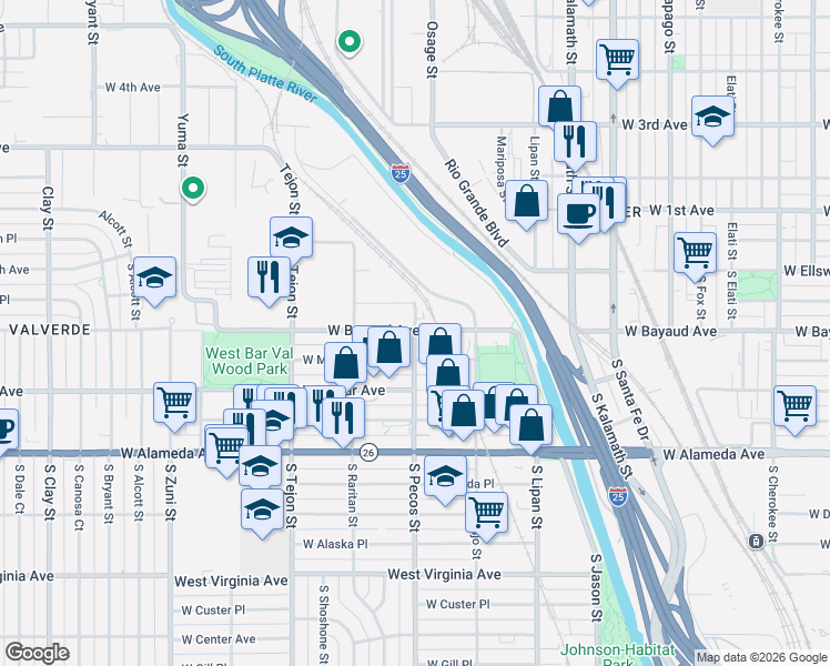 map of restaurants, bars, coffee shops, grocery stores, and more near 104 South Pecos Street in Denver