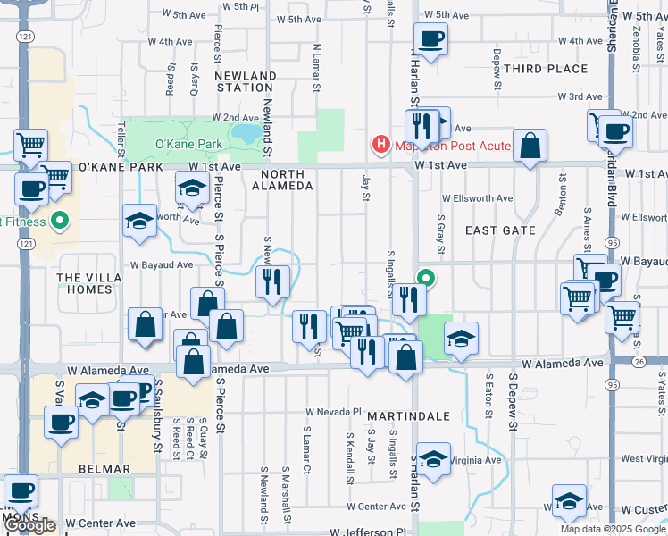 map of restaurants, bars, coffee shops, grocery stores, and more near 60 South Kendall Street in Lakewood