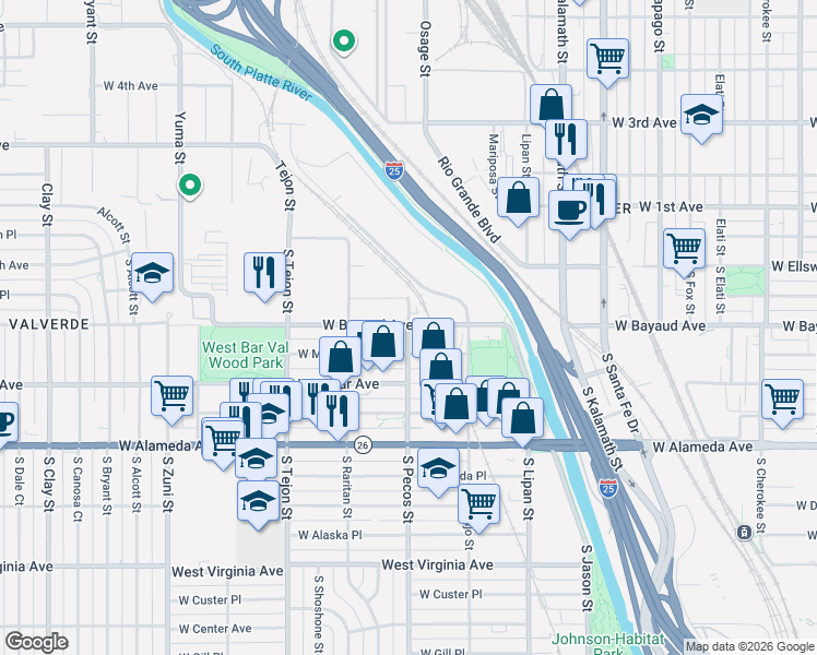 map of restaurants, bars, coffee shops, grocery stores, and more near 104 South Pecos Street in Denver