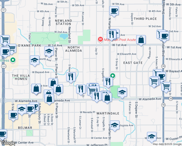 map of restaurants, bars, coffee shops, grocery stores, and more near 60 South Kendall Street in Lakewood