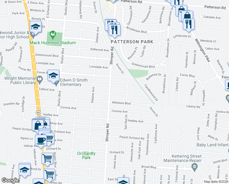 map of restaurants, bars, coffee shops, grocery stores, and more near 515 Telford Avenue in Dayton