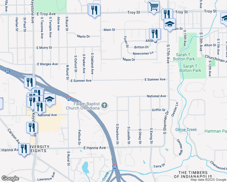 map of restaurants, bars, coffee shops, grocery stores, and more near 3200 National Avenue in Indianapolis