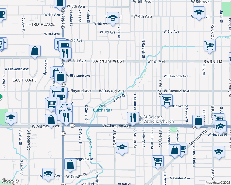 map of restaurants, bars, coffee shops, grocery stores, and more near 70 South Winona Court in Denver
