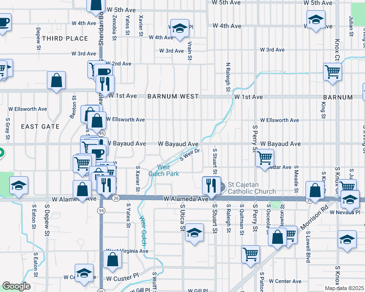 map of restaurants, bars, coffee shops, grocery stores, and more near 70 South Winona Court in Denver