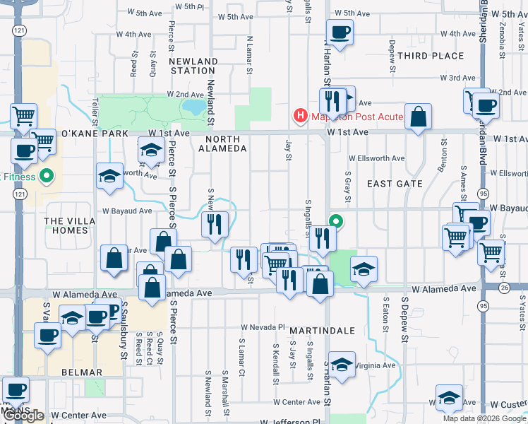 map of restaurants, bars, coffee shops, grocery stores, and more near 60 South Kendall Street in Lakewood