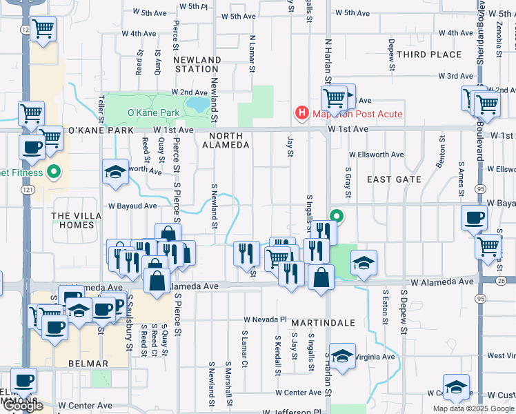 map of restaurants, bars, coffee shops, grocery stores, and more near 95 South Lamar Street in Lakewood
