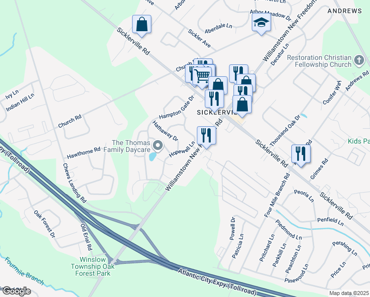 map of restaurants, bars, coffee shops, grocery stores, and more near 14 Hathaway Drive in Sicklerville