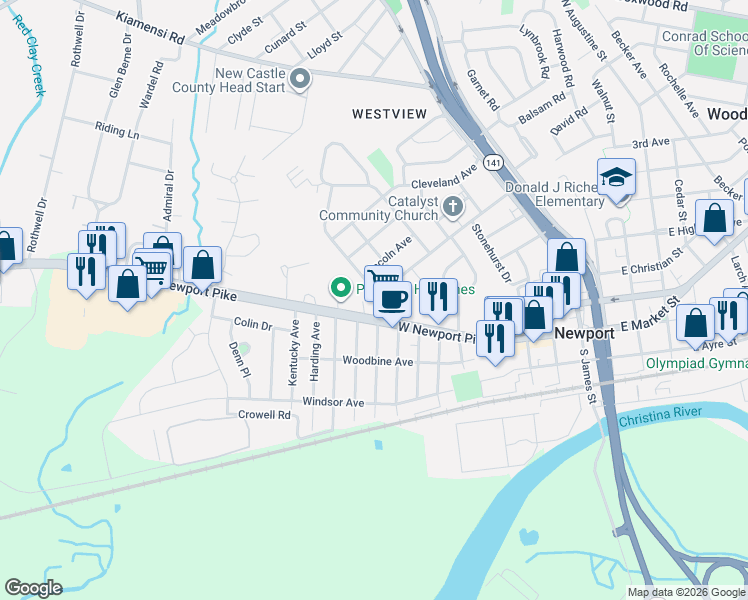 map of restaurants, bars, coffee shops, grocery stores, and more near 3 Washington Avenue in Newport