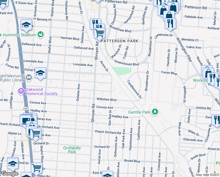 map of restaurants, bars, coffee shops, grocery stores, and more near 2302 San Rae Drive in Kettering