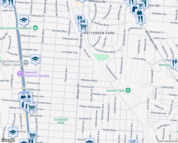 map of restaurants, bars, coffee shops, grocery stores, and more near 527 Aberdeen Avenue in Dayton