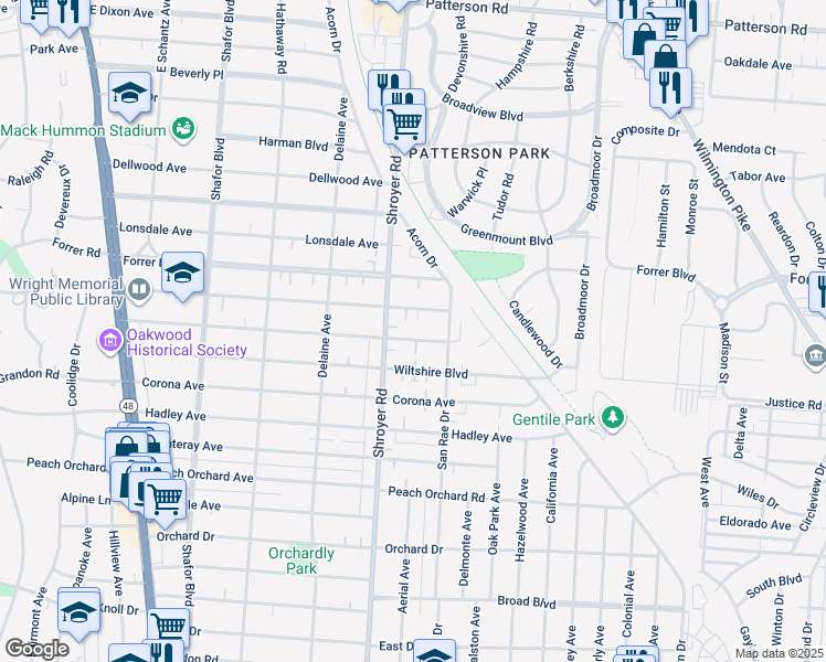 map of restaurants, bars, coffee shops, grocery stores, and more near 527 Aberdeen Avenue in Dayton