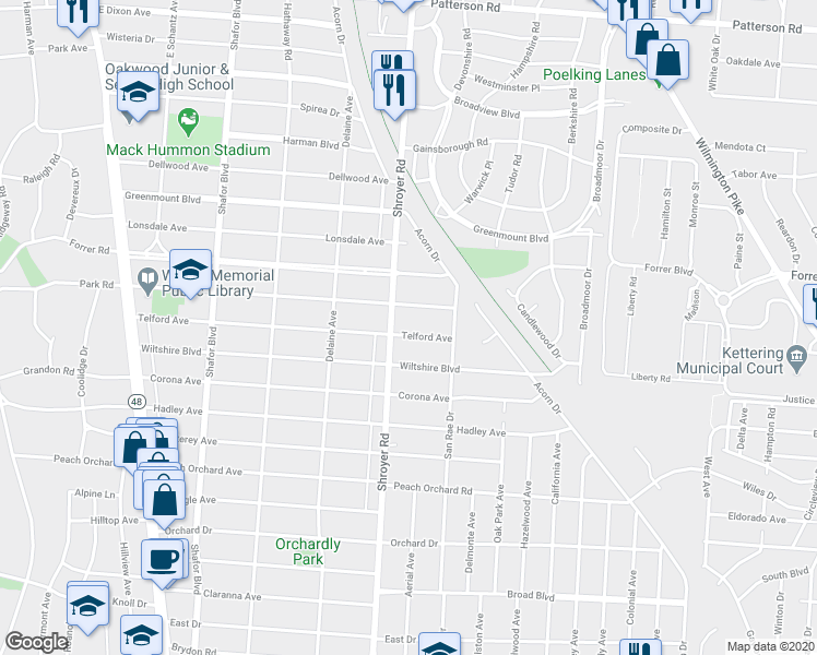 map of restaurants, bars, coffee shops, grocery stores, and more near 527 Aberdeen Avenue in Dayton