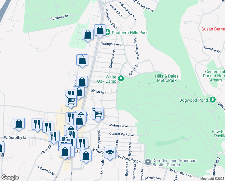 map of restaurants, bars, coffee shops, grocery stores, and more near 2601 Hilton Drive in Kettering