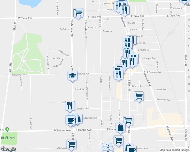map of restaurants, bars, coffee shops, grocery stores, and more near 114 East Sumner Avenue in Indianapolis