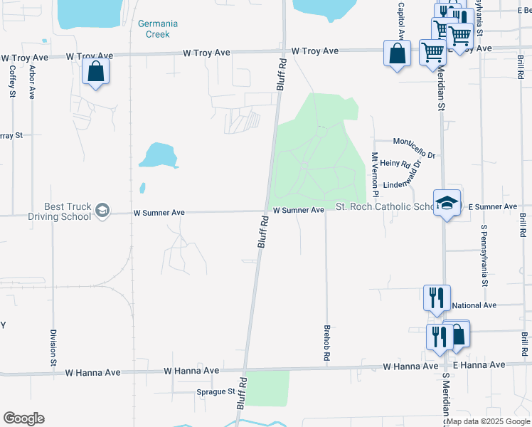 map of restaurants, bars, coffee shops, grocery stores, and more near 3506 Bluff Road in Indianapolis