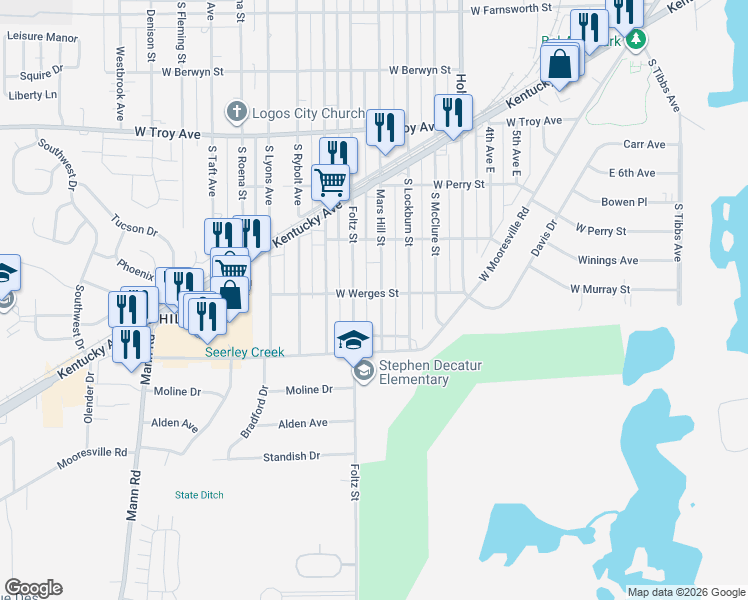 map of restaurants, bars, coffee shops, grocery stores, and more near 3246 Mars Hill Street in Indianapolis