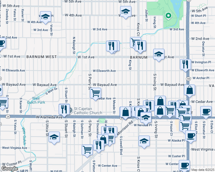 map of restaurants, bars, coffee shops, grocery stores, and more near 102 South Newton Street in Denver