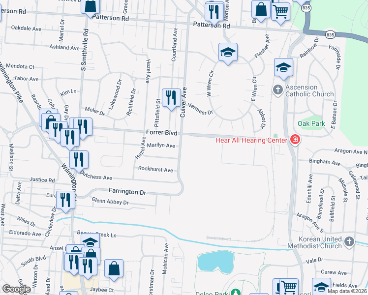 map of restaurants, bars, coffee shops, grocery stores, and more near 1800 Forrer Boulevard in Kettering