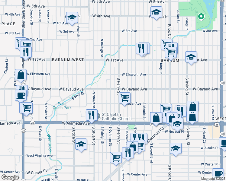 map of restaurants, bars, coffee shops, grocery stores, and more near in Denver