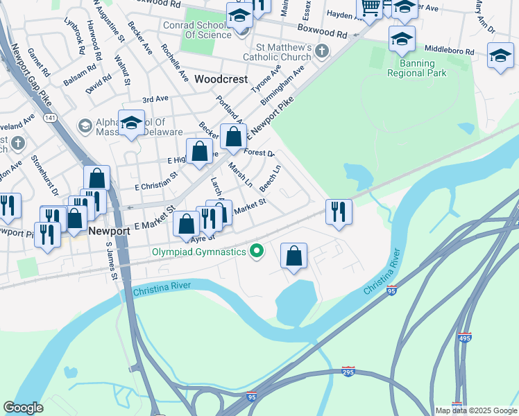 map of restaurants, bars, coffee shops, grocery stores, and more near 1404 East Market Street in Wilmington