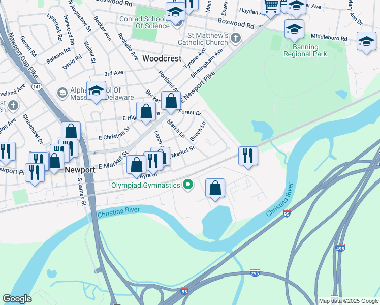 map of restaurants, bars, coffee shops, grocery stores, and more near 1404 East Market Street in Wilmington