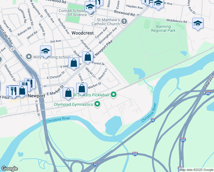 map of restaurants, bars, coffee shops, grocery stores, and more near 150 Maple Hill Road in Newport