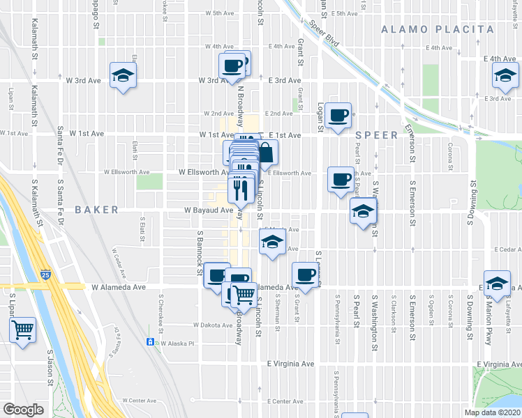 map of restaurants, bars, coffee shops, grocery stores, and more near 94 S Lincoln St in Denver