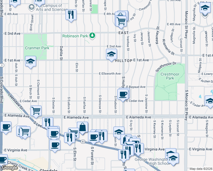 map of restaurants, bars, coffee shops, grocery stores, and more near 45 South Grape Street in Denver