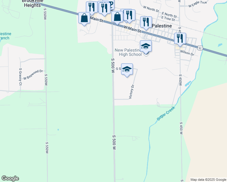 map of restaurants, bars, coffee shops, grocery stores, and more near 4801 South 500 West in New Palestine