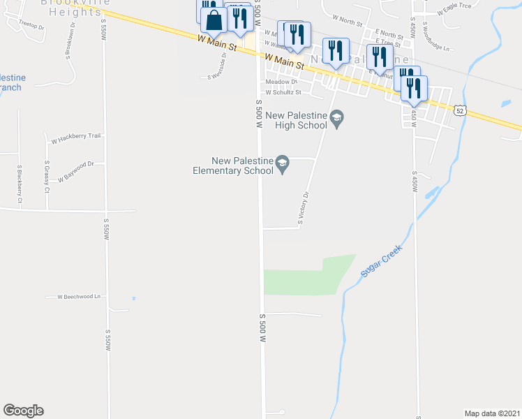 map of restaurants, bars, coffee shops, grocery stores, and more near 4801 South 500 West in New Palestine