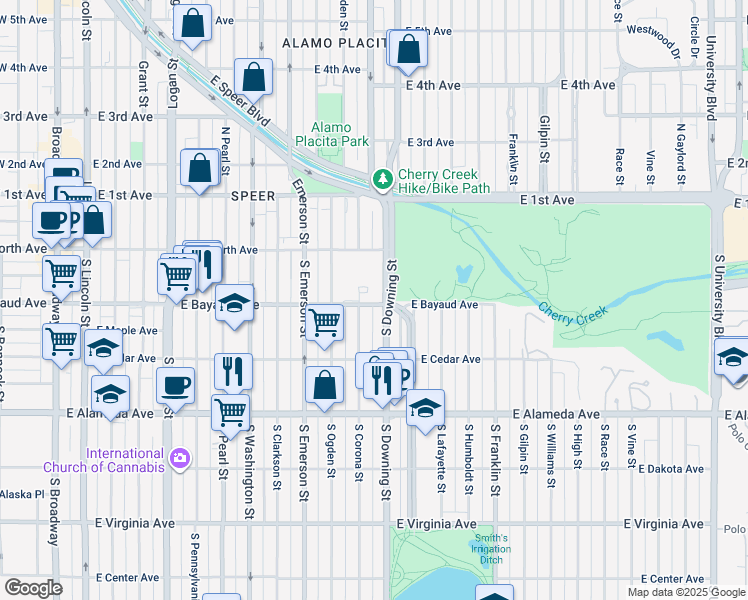 map of restaurants, bars, coffee shops, grocery stores, and more near 1101 East Bayaud Avenue in Denver
