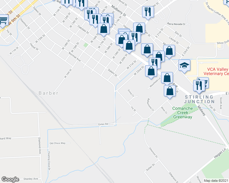 map of restaurants, bars, coffee shops, grocery stores, and more near Normal Ave & W 22nd St in Chico
