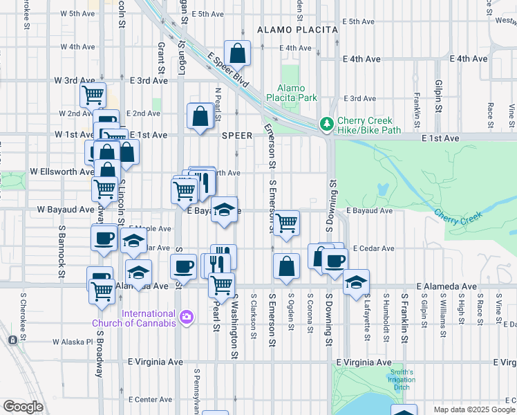 map of restaurants, bars, coffee shops, grocery stores, and more near 66 South Clarkson Street in Denver