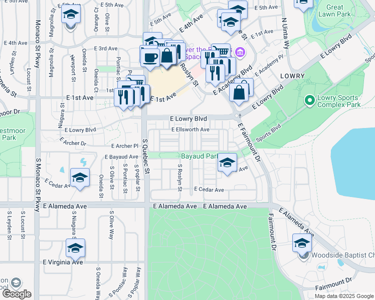 map of restaurants, bars, coffee shops, grocery stores, and more near 46 South Rosemary Street in Denver