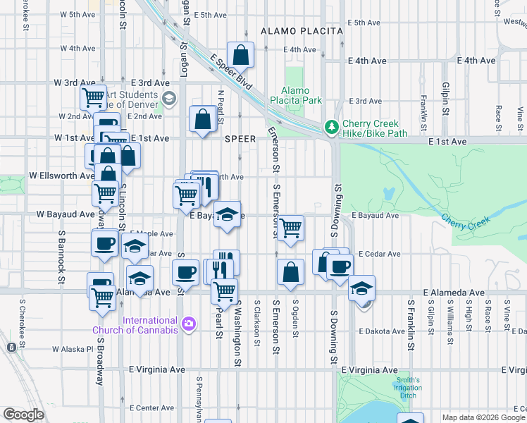 map of restaurants, bars, coffee shops, grocery stores, and more near 96 South Clarkson Street in Denver
