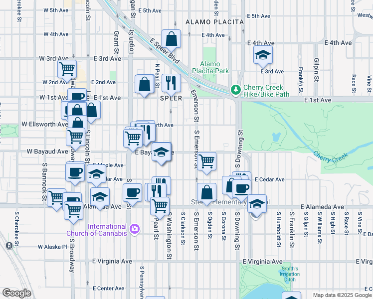 map of restaurants, bars, coffee shops, grocery stores, and more near 66 South Clarkson Street in Denver
