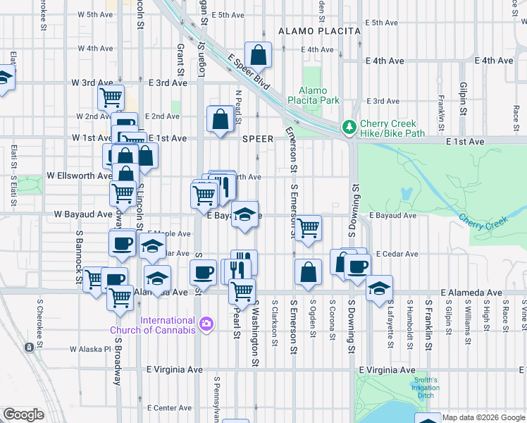 map of restaurants, bars, coffee shops, grocery stores, and more near 52 South Washington Street in Denver