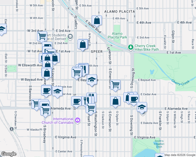 map of restaurants, bars, coffee shops, grocery stores, and more near 52 South Washington Street in Denver