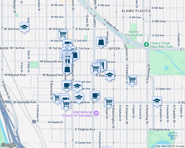 map of restaurants, bars, coffee shops, grocery stores, and more near 56 South Grant Street in Denver